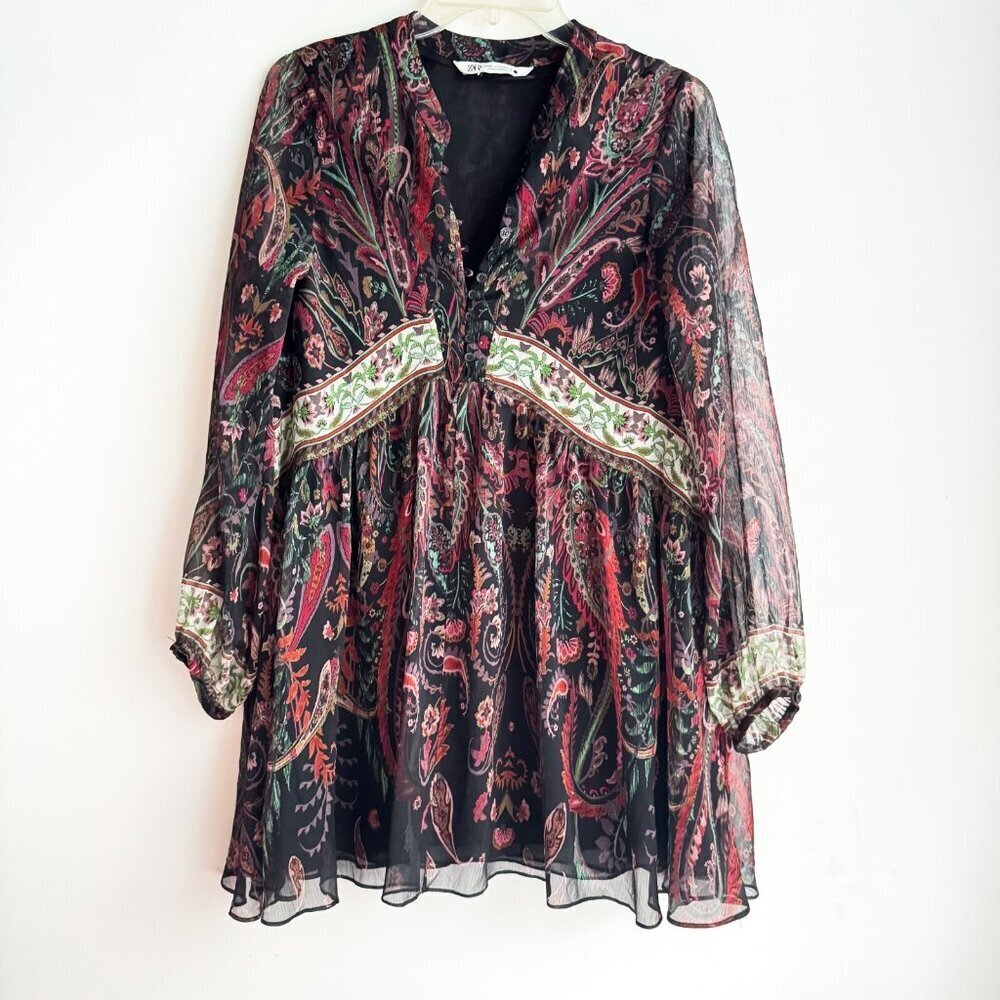 Zara Paisley Print Chiffon Babydoll Mini Dress XS